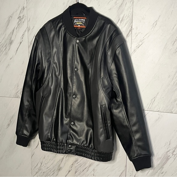 Just Don All City Roster Varsity Snap Button Black Leather Jacket SZ L - Picture 3 of 6